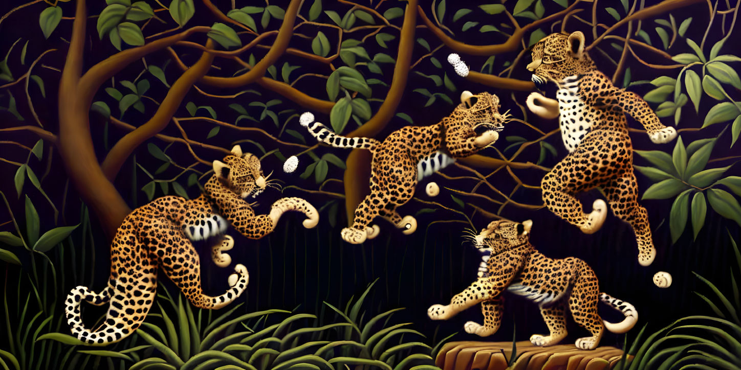 Stylized jungle scene with four leopards playing among dark foliage