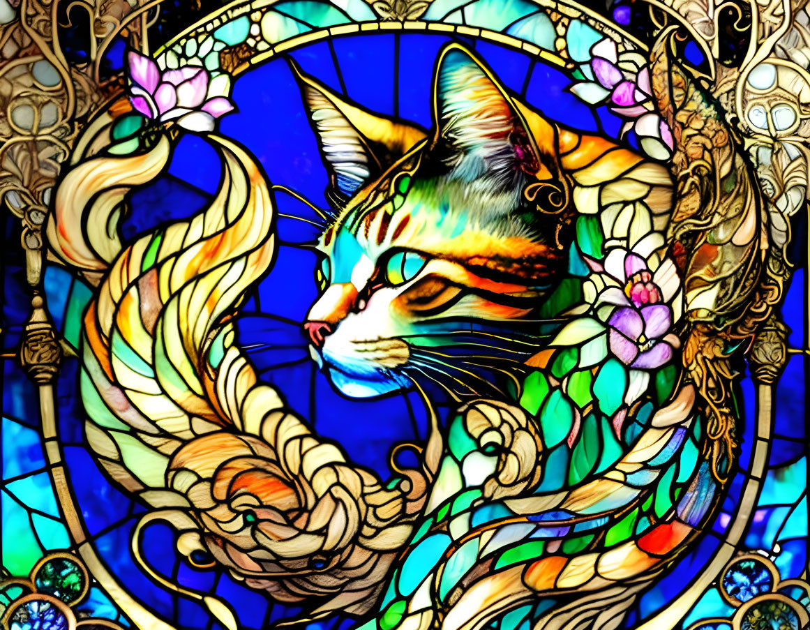 Colorful Stained Glass Cat Illustration with Golden Patterns and Flowers
