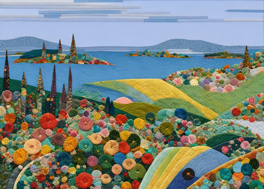 Vibrant quilt-style landscape with patterned hills, trees, and blue sea
