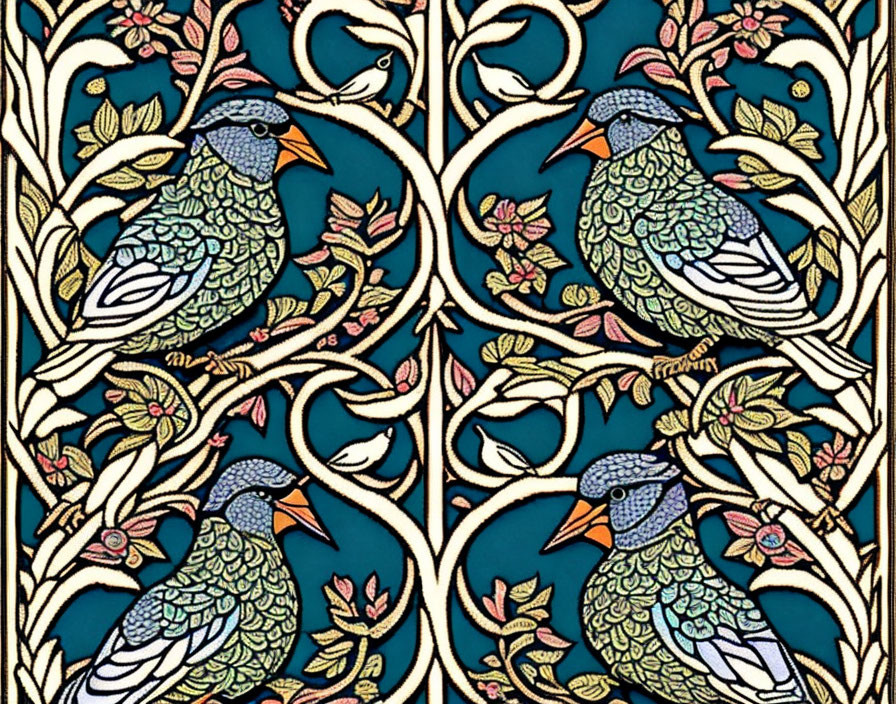 Symmetrical birds and floral elements on dark background - Art Nouveau style pattern