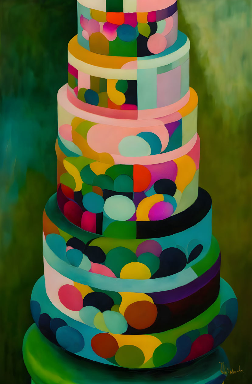 Colorful Stylized Tiered Cake Painting on Abstract Green Background