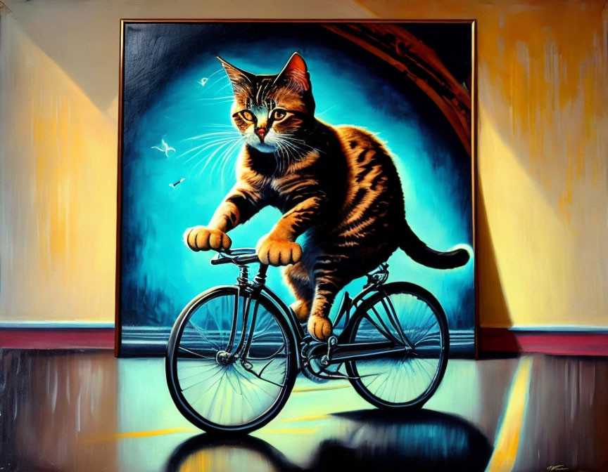 Tabby Cat on Vintage Bicycle with Surreal Moonlit Background