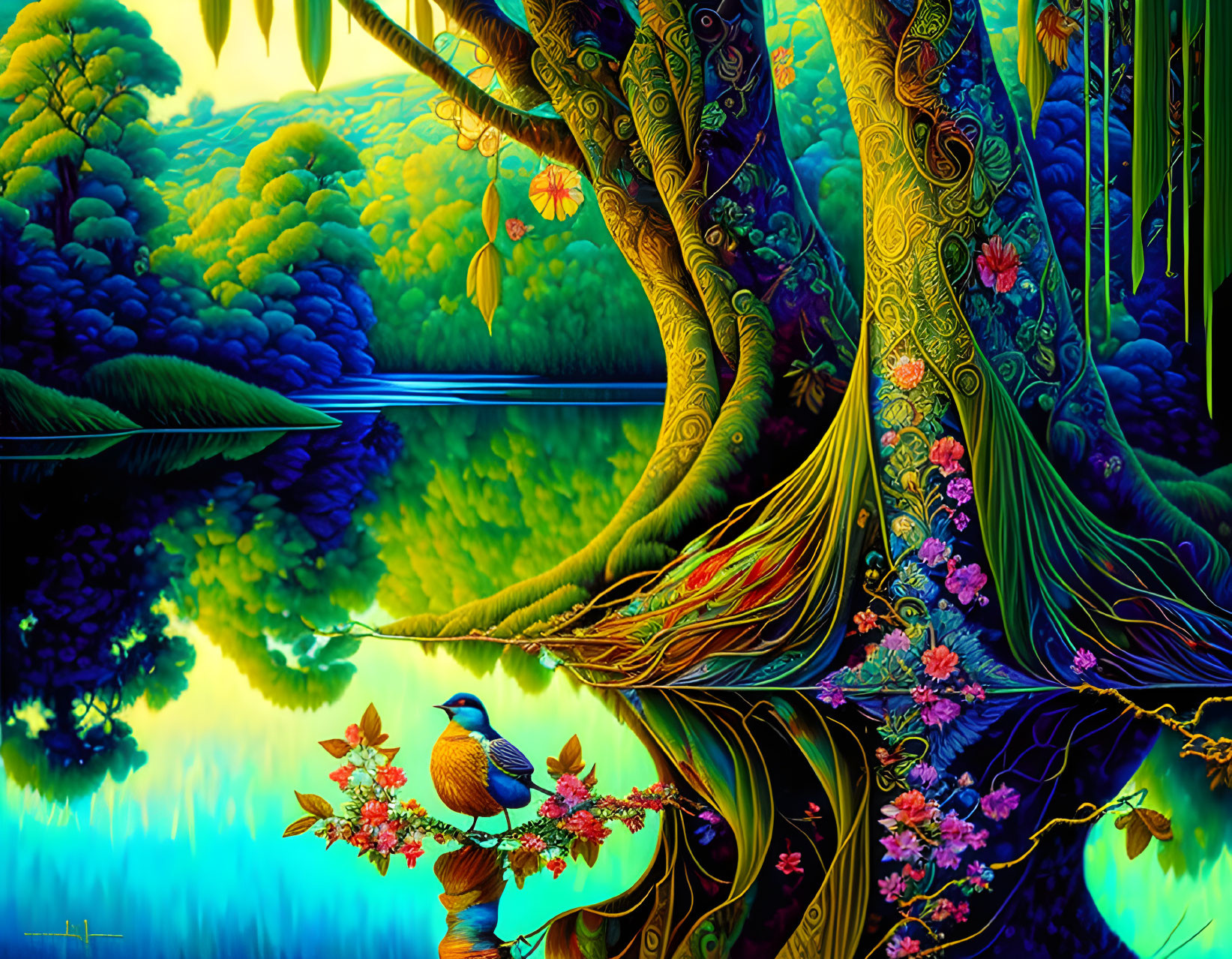 Fantasy forest artwork with colorful trees, flowers, bird, and reflective river