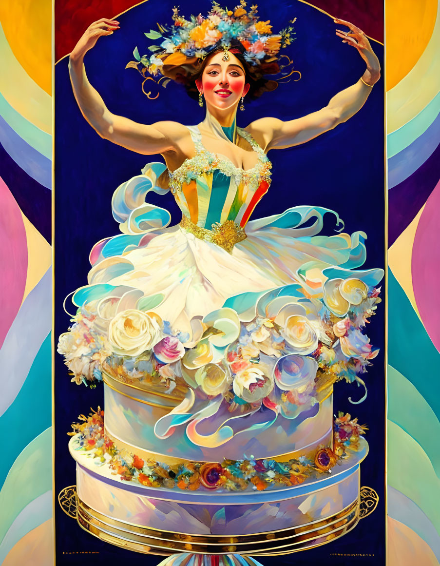 Vibrant painting of woman in ballet costume from cake