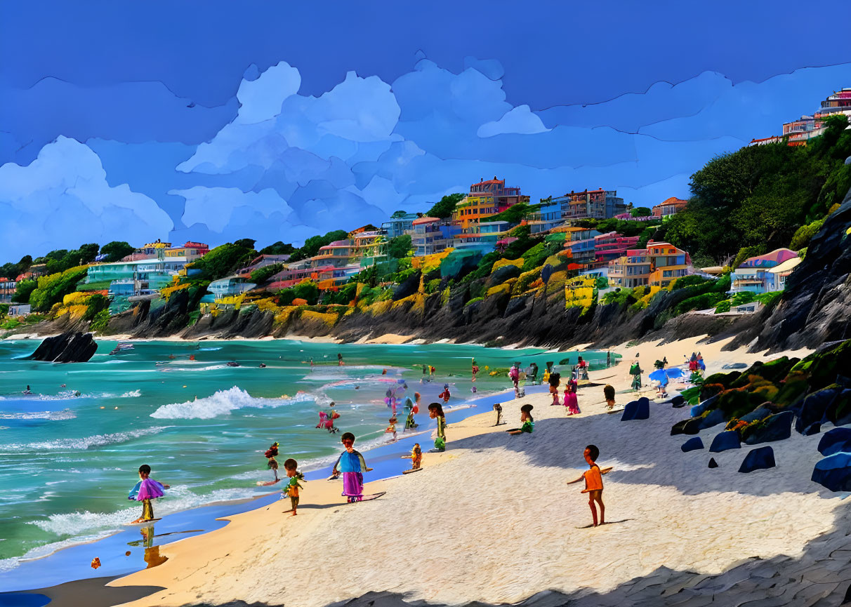 Colorful beach scene with people, buildings, and clear skies