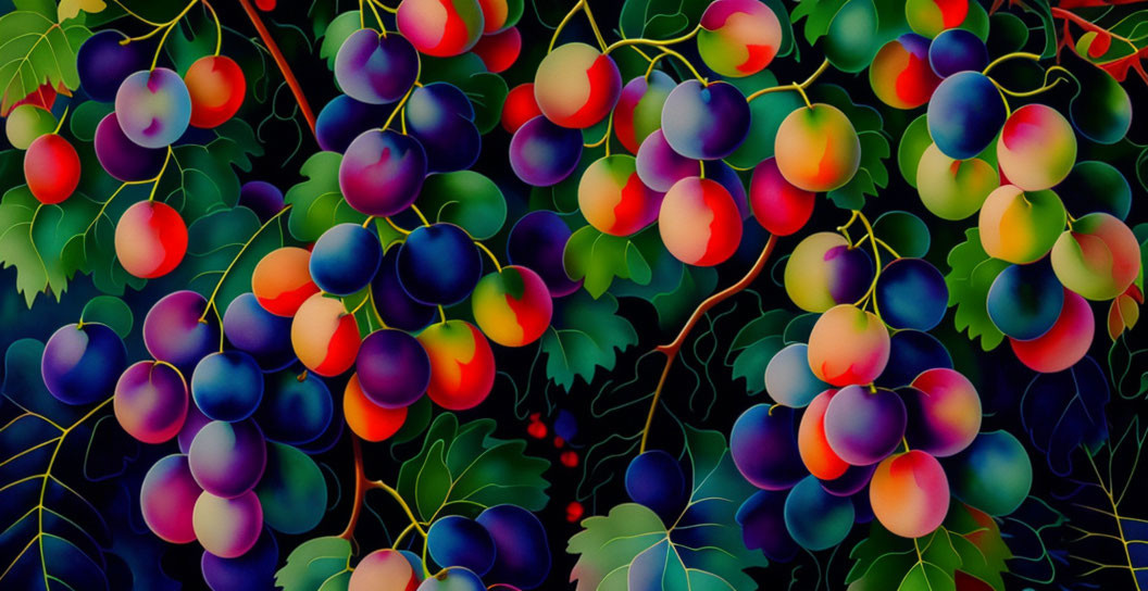 Colorful Grape Vine Illustration on Dark Background