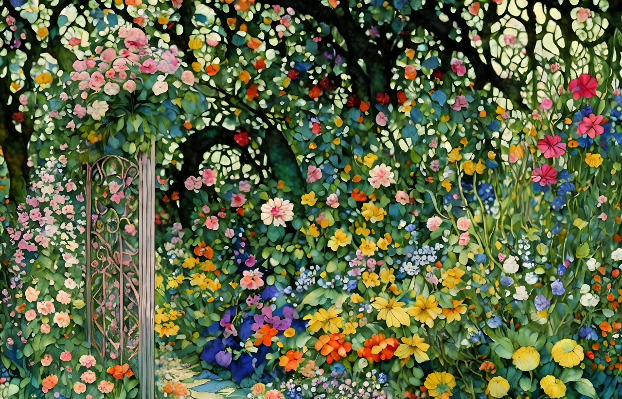 Colorful painting of lush garden with flowers and wrought iron gate