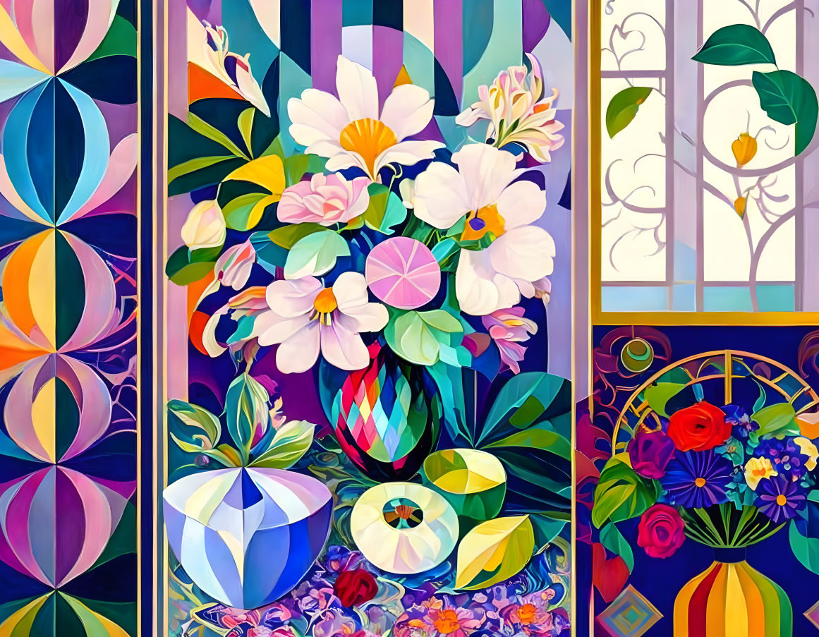 Vibrant geometric patterns, floral vases, and decorated window scenery.
