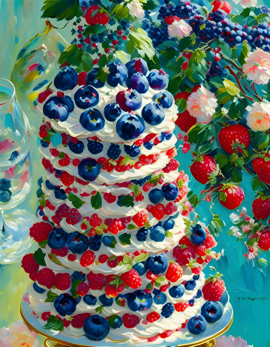 Colorful Still Life Painting of Cream Cake with Berries and Flowers