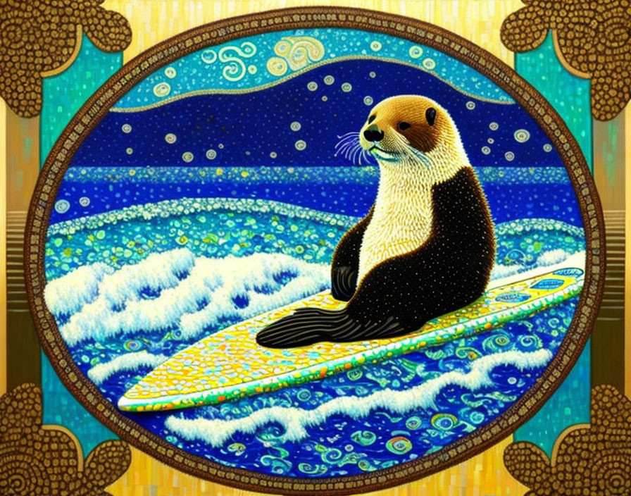 Stylized otter on surfboard in swirling sea patterns