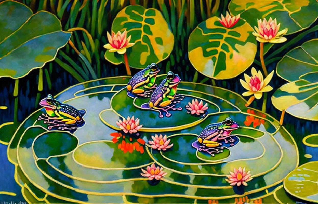 Vibrant painting of three frogs on lily pads in pink water lily pond