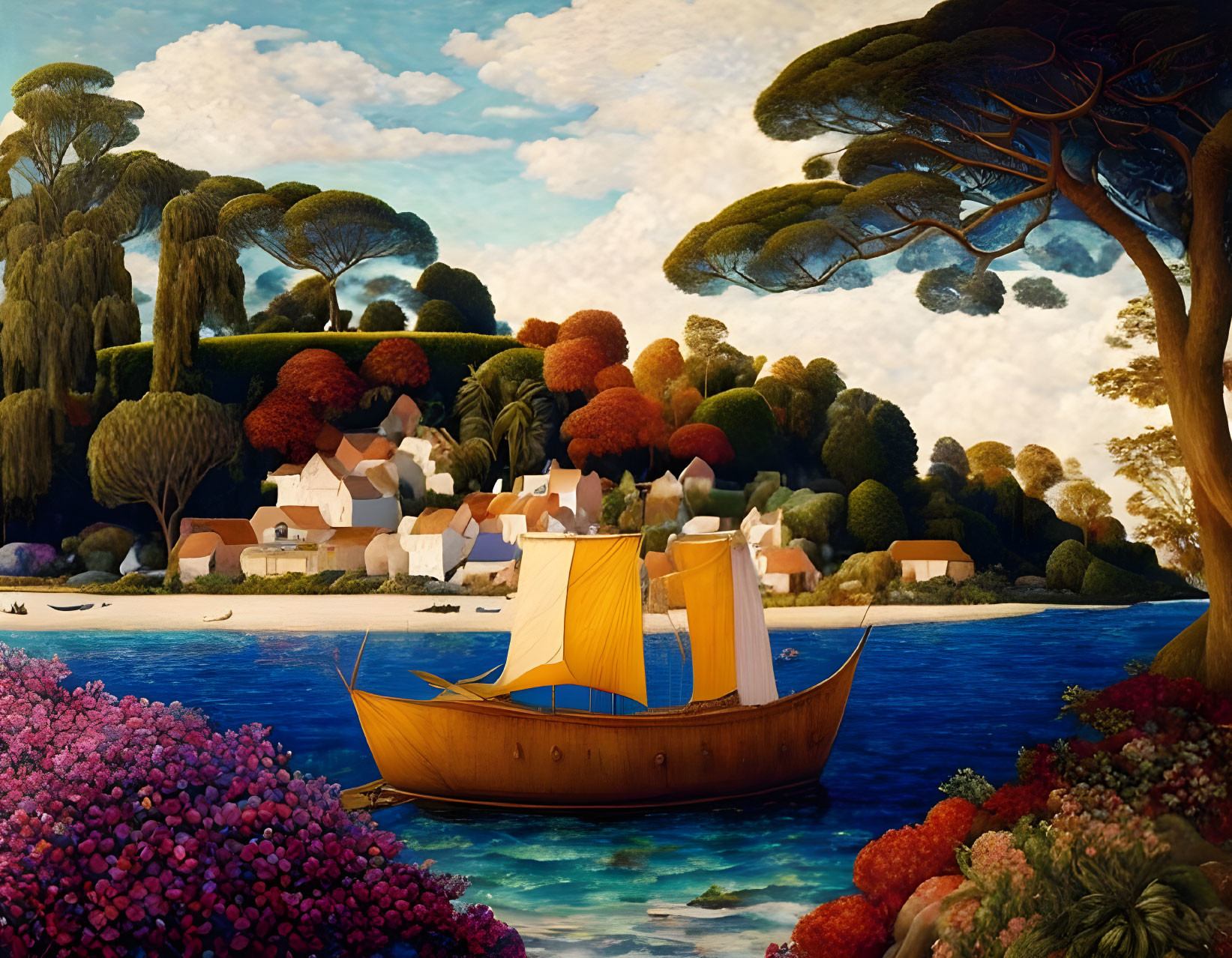 Scenic painting of village by sea with sailboat & lush surroundings