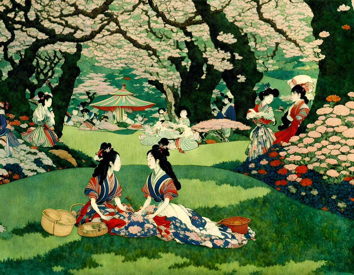 Women in kimonos under cherry blossoms: traditional Japanese scene