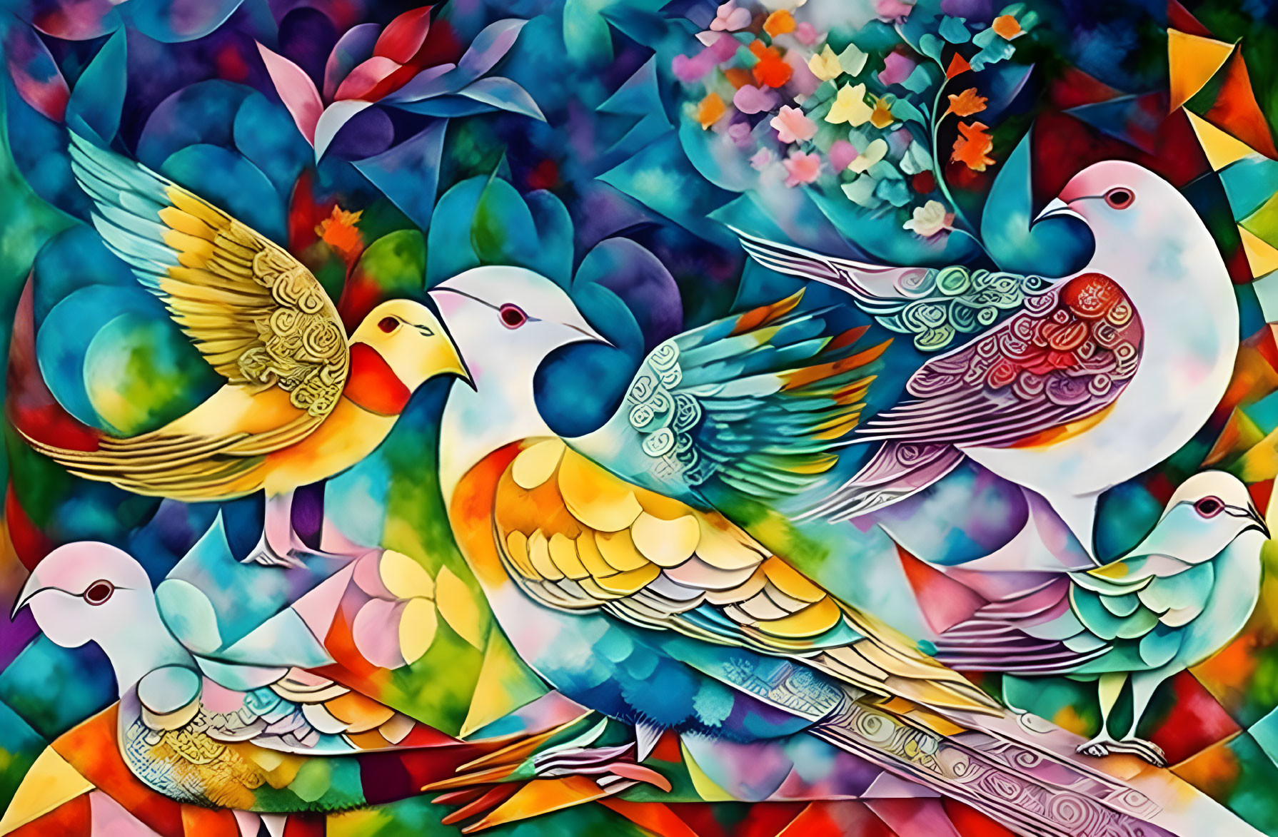 Colorful Painting Featuring Five Stylized Birds and Abstract Shapes