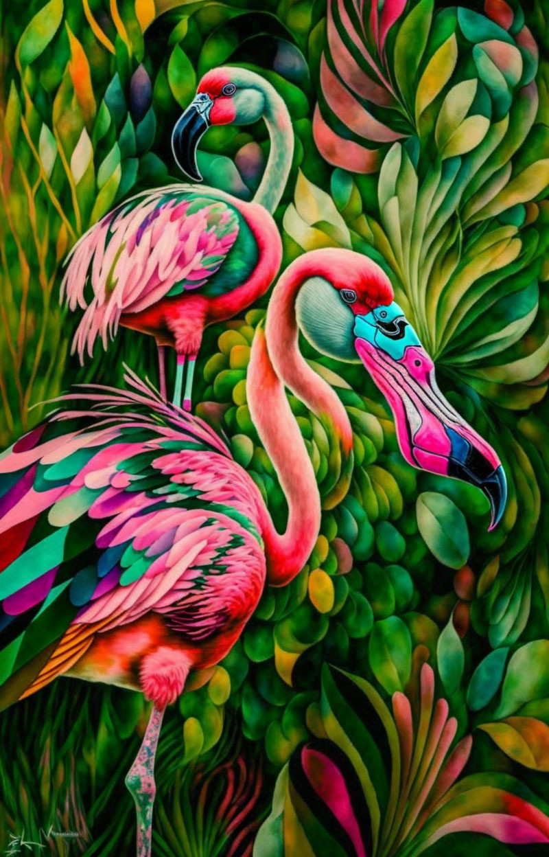 Colorful Flamingos in Lush Foliage Artwork