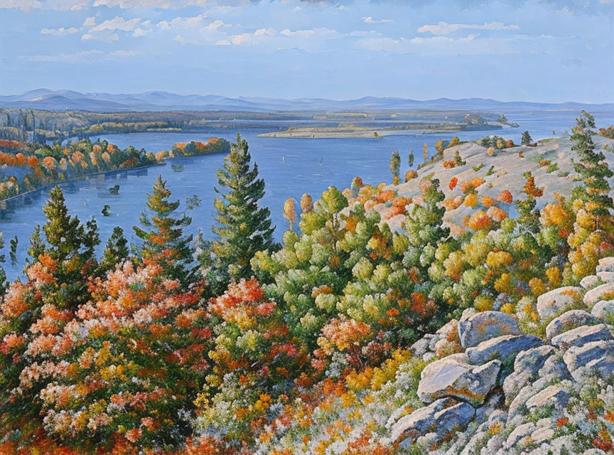 Vibrant autumn landscape with colorful foliage, river, hills, blue sky