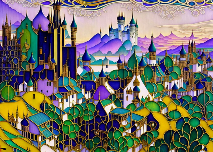 Whimsical cityscape illustration with ornate buildings and rolling hills