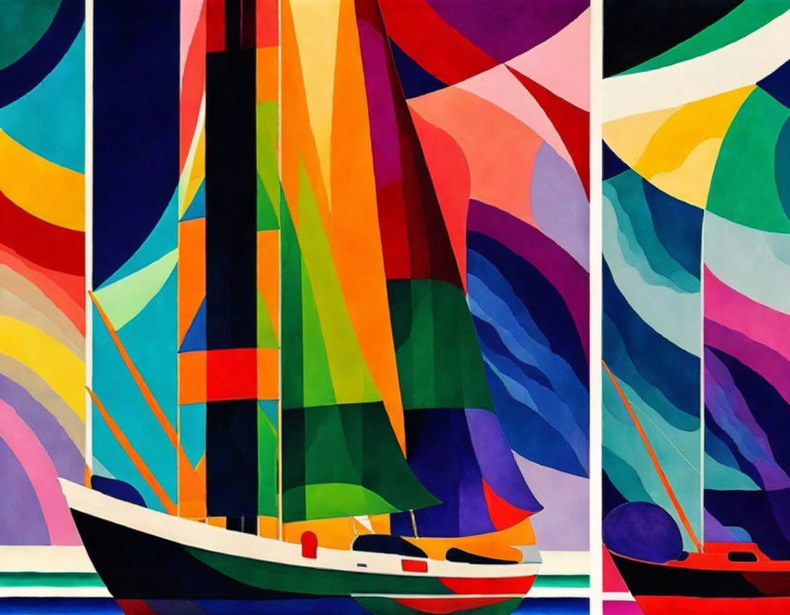 Colorful abstract triptych painting of sailboat on dynamic background