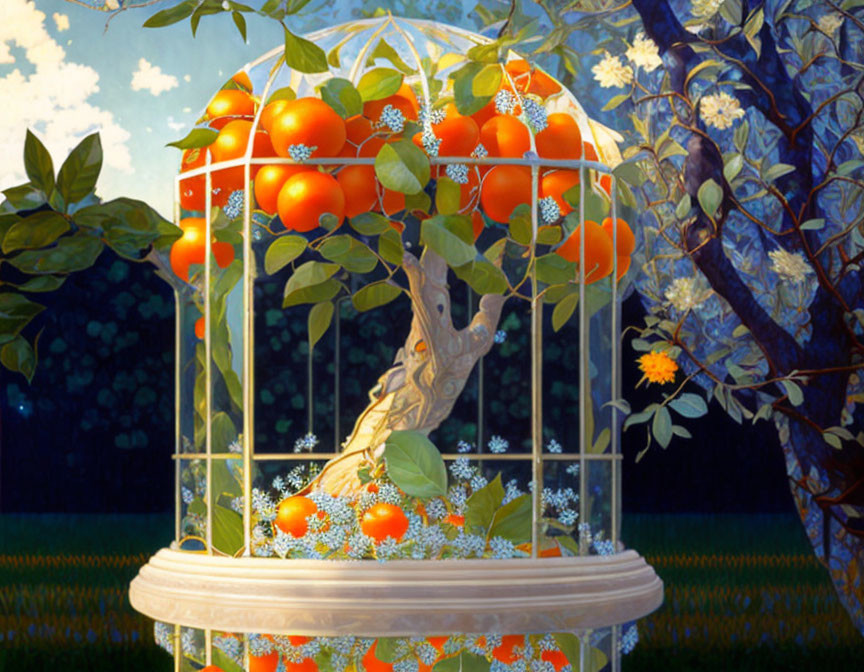 Colorful painting of tree trunk in birdcage with vibrant oranges and lush greenery