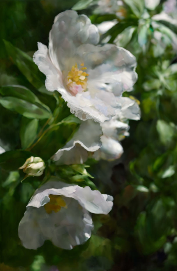 Delicate white flowers with yellow centers in soft-focus.