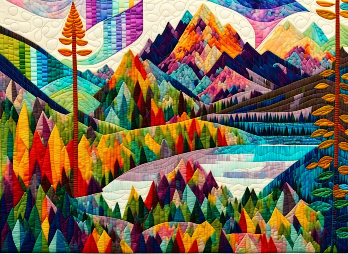 Colorful Quilted Landscape with Mountains, River, and Trees