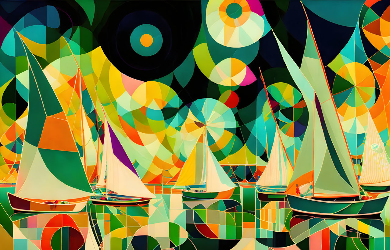 Abstract Sailboat Painting with Vibrant Geometric Patterns