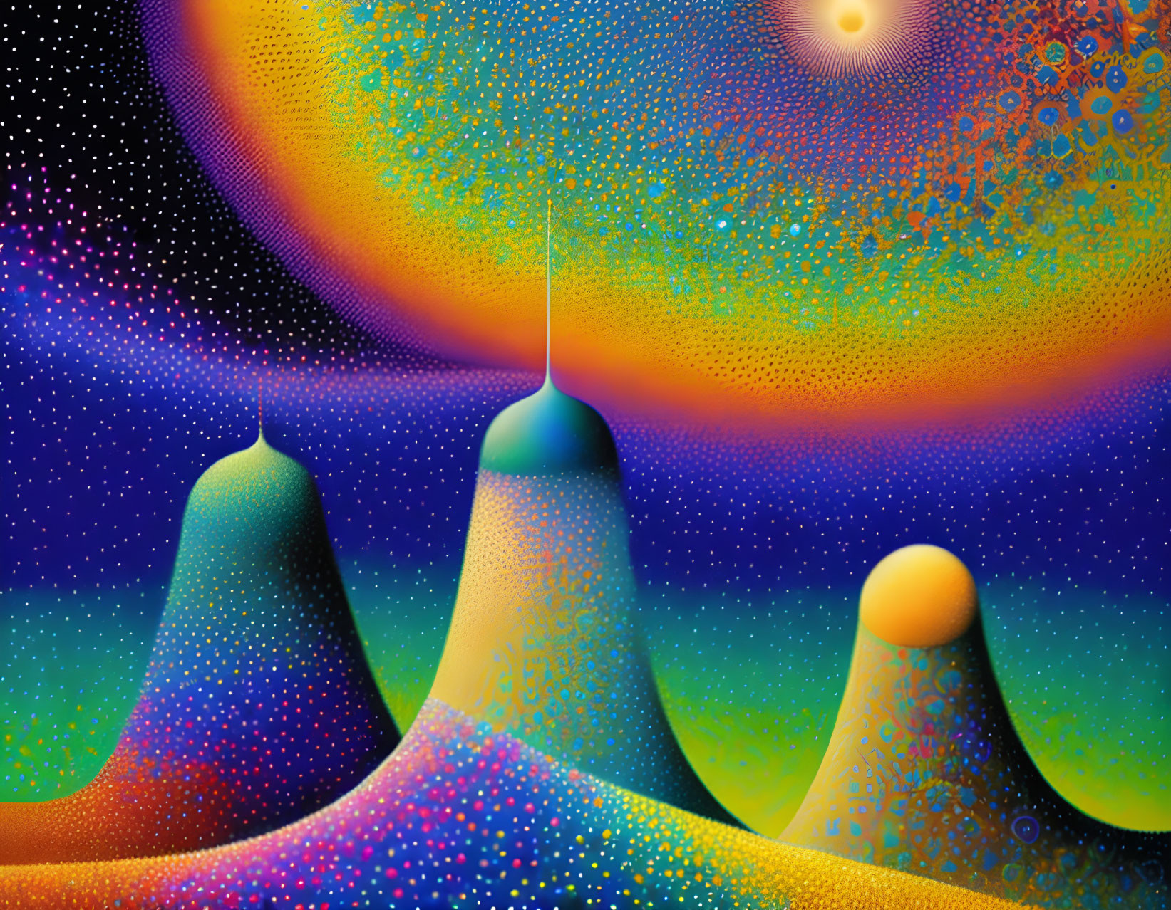 Colorful digital art: Three pointed hills under starry sky with radiant sun/moon, psychedelic dotted