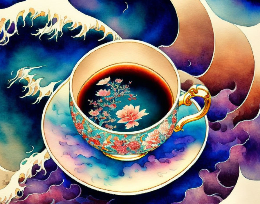 Colorful Watercolor Illustration of Ornate Cup with Blooming Flower on Swirling Background