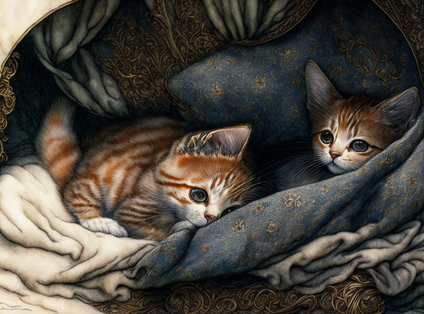 Striped kittens in cozy fabric nestling together