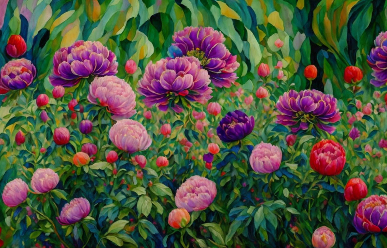 Colorful garden painting with blooming peonies and tulips on green foliage