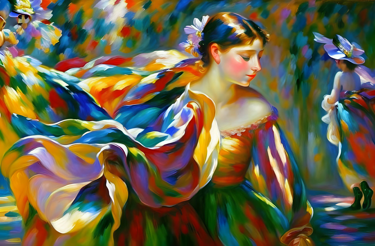 Colorful portrait of a woman in a flowing dress in a sunlit garden