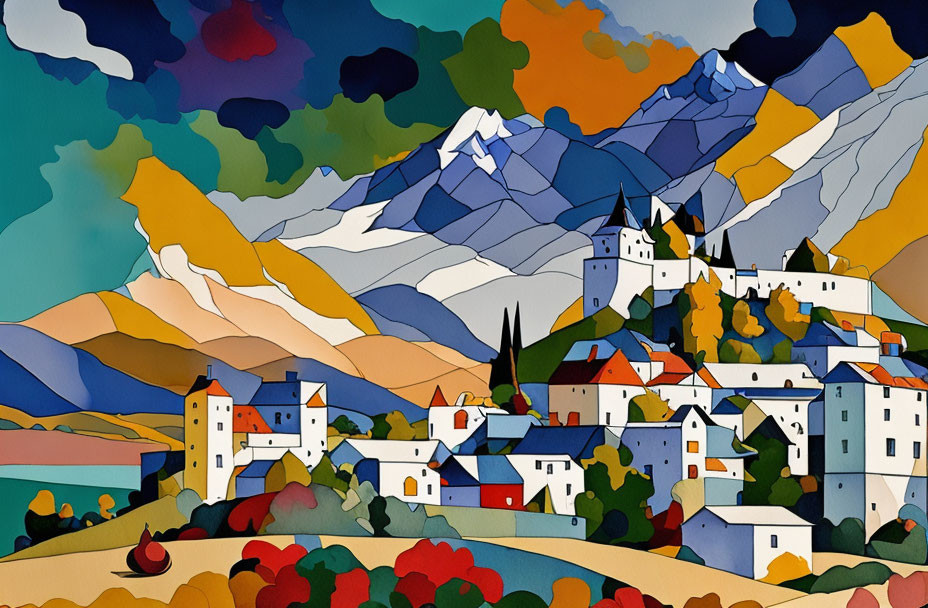 Vibrant Stylized Landscape with Castle, Houses, and Mountains