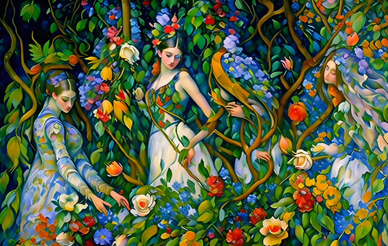 Artistic painting of three women in lush, floral setting