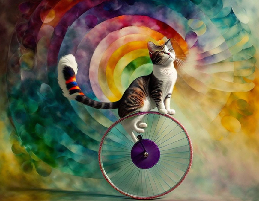 Tabby cat balancing on a unicycle with rainbow backdrop and colorful tail.