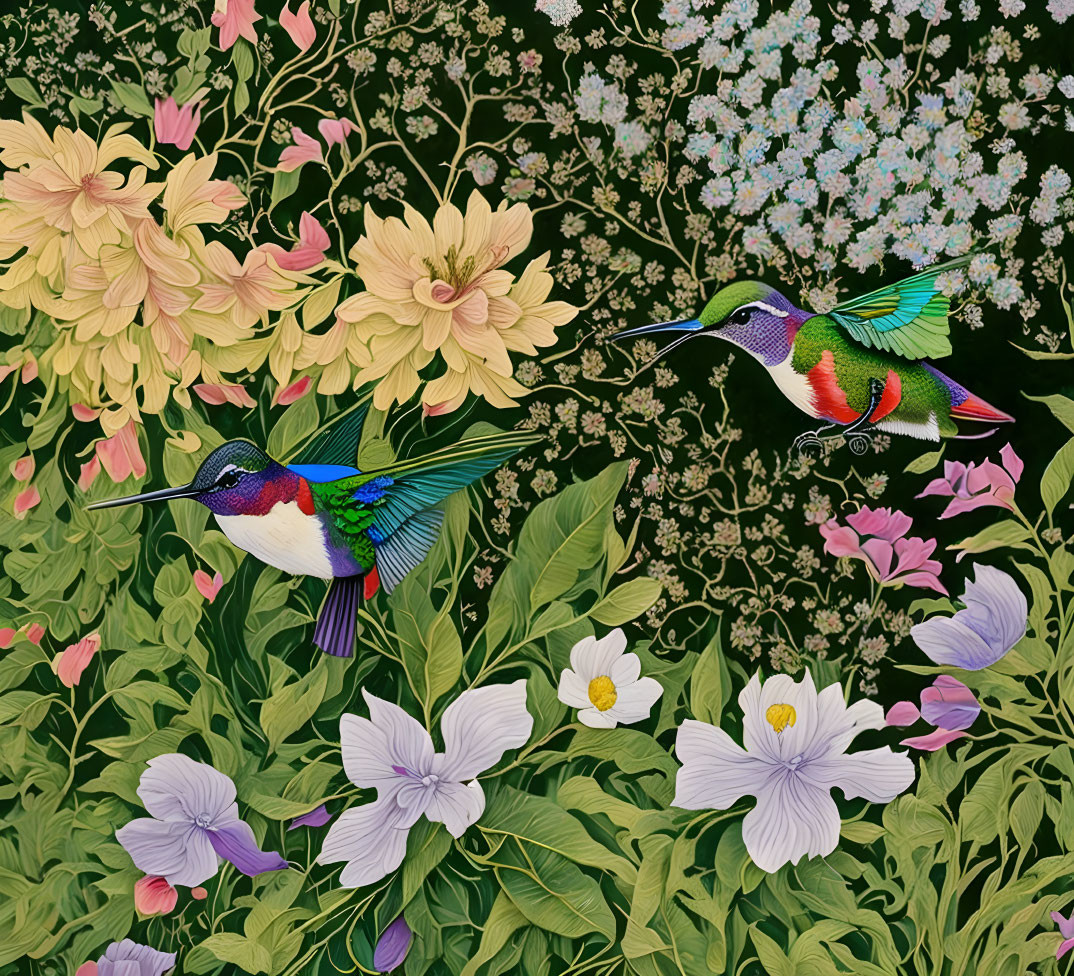 Vibrant flowers and lush greenery with two hummingbirds in flight