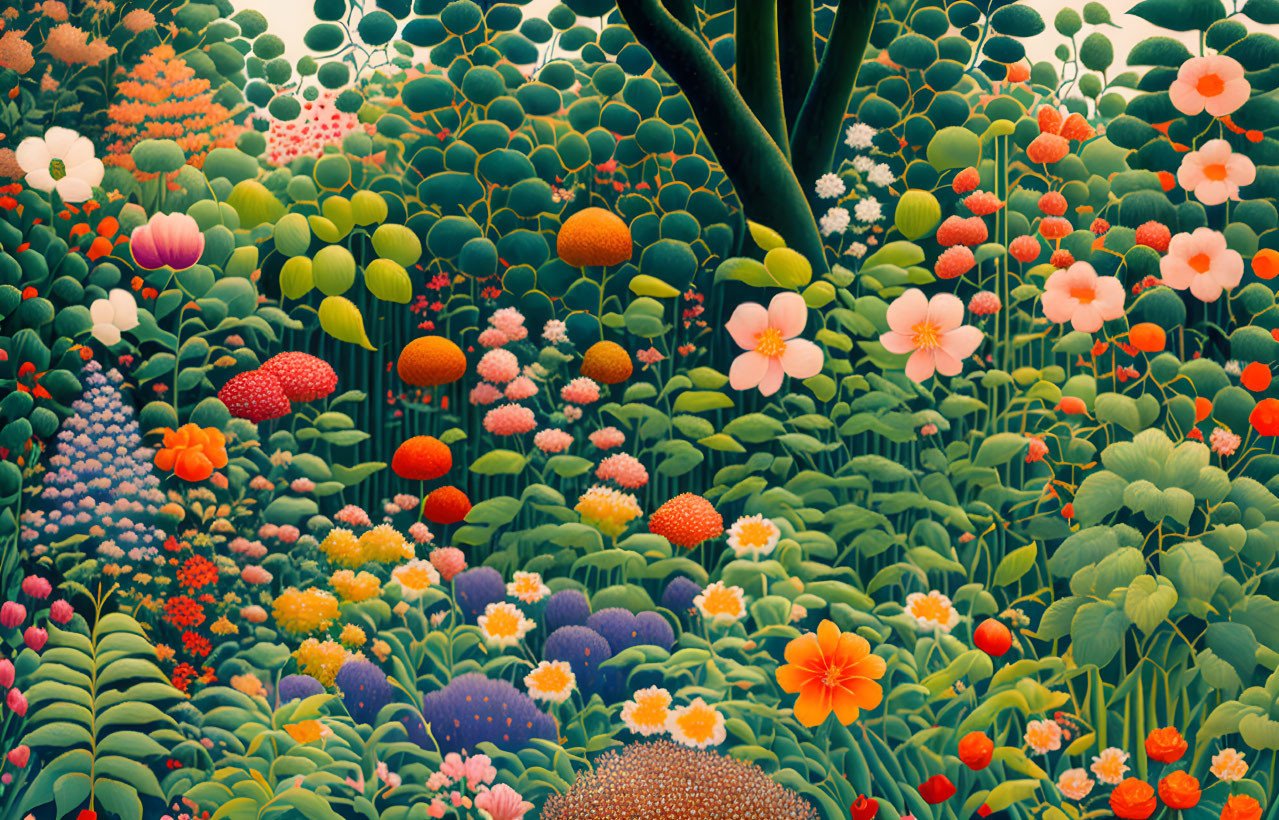 Colorful Garden Illustration with Vibrant Flowers & Trees