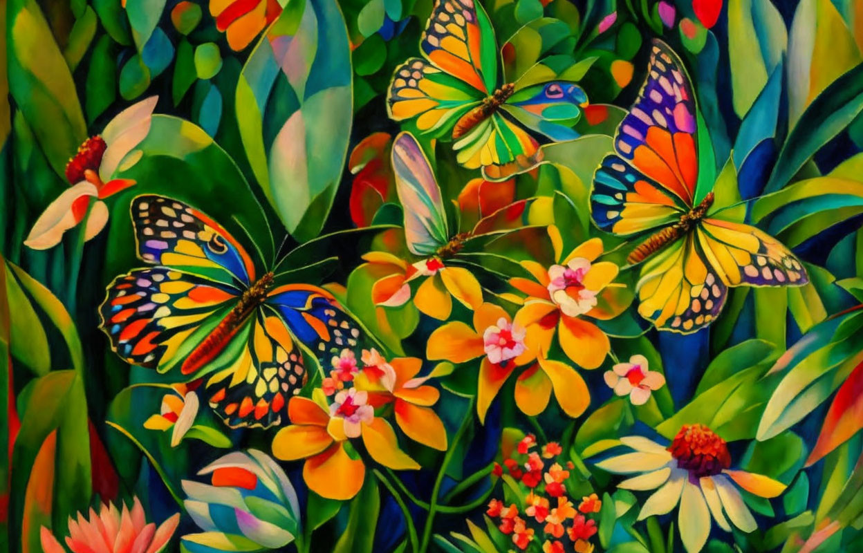 Colorful Butterflies on Bright Flowers with Lush Green Background