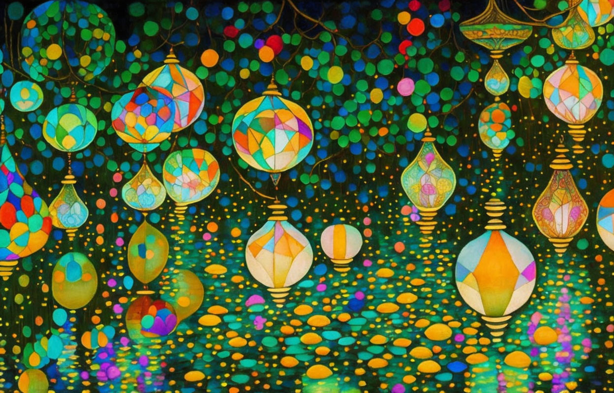 Vibrant abstract painting of glowing lanterns and orbs on dark background