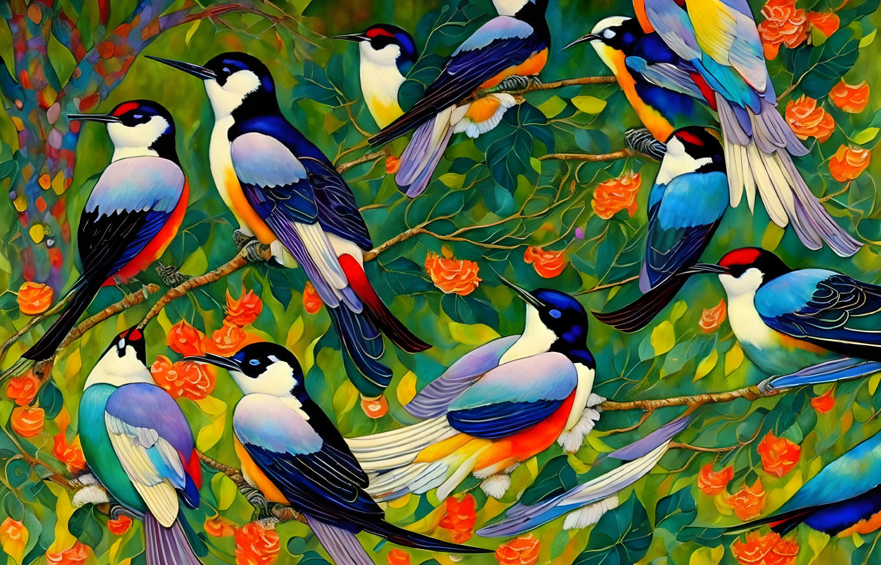 Vibrant bird illustrations on floral branches with green backdrop