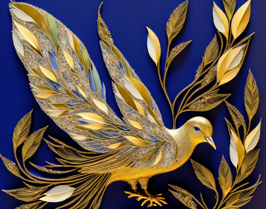 Golden paper art bird in flight with intricate patterns on deep blue background