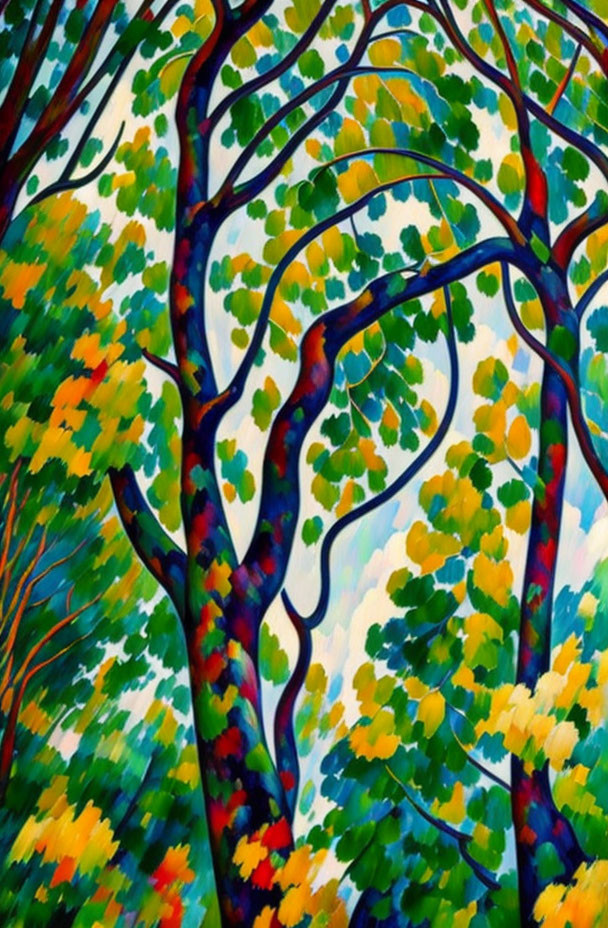 Vibrant tree painting with colorful curved trunks and green leaves