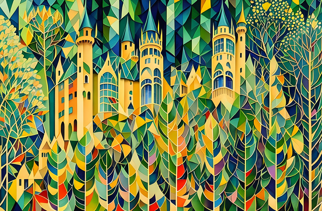 Colorful fairy-tale castle in geometric forest with vibrant trees.