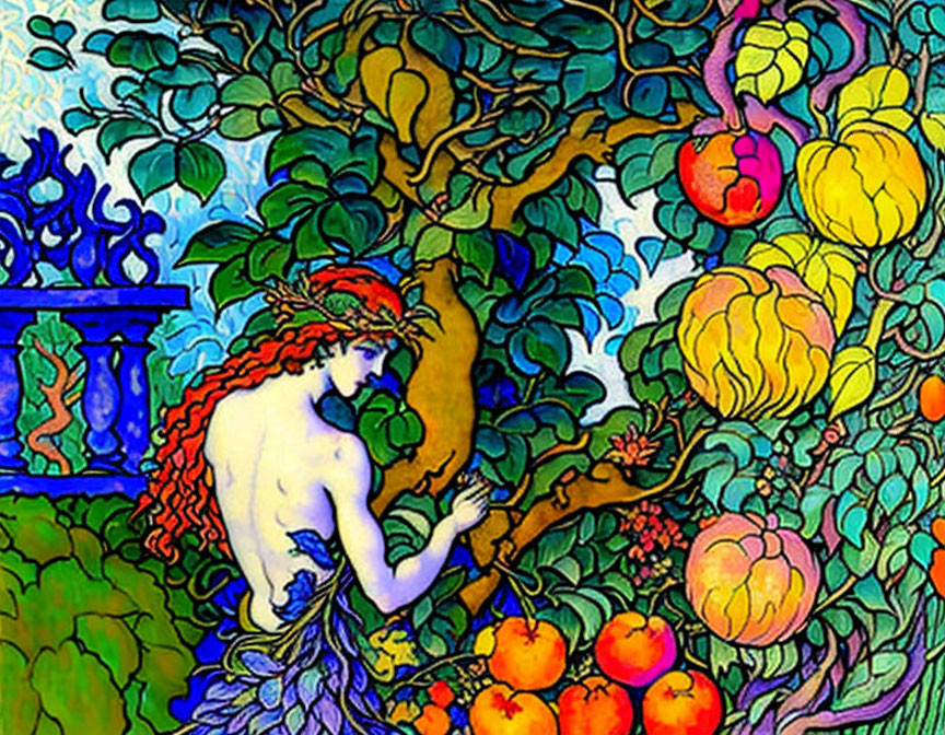 Colorful Stained Glass-Style Illustration of Red-Haired Woman in Garden