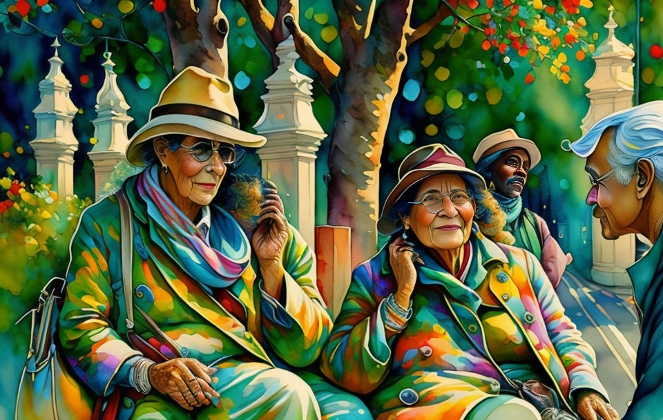 Elderly women chatting on bench in colorful attire on sunny day