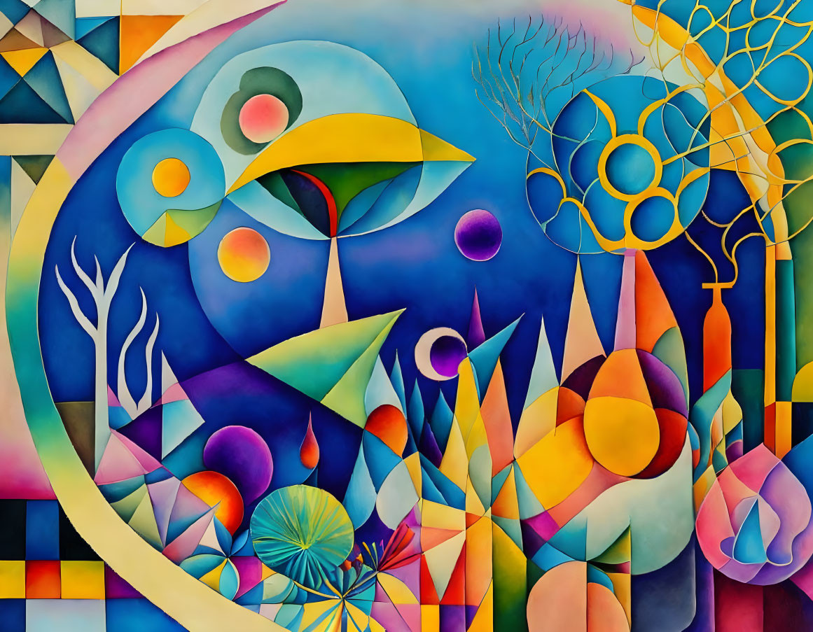 Vibrant Abstract Painting: Geometric and Curved Shapes Forming Whimsical Landscape