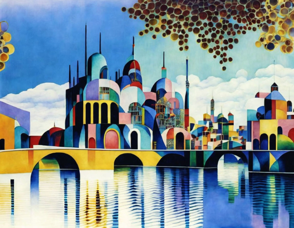 Vibrant abstract cityscape with domed buildings and reflective river