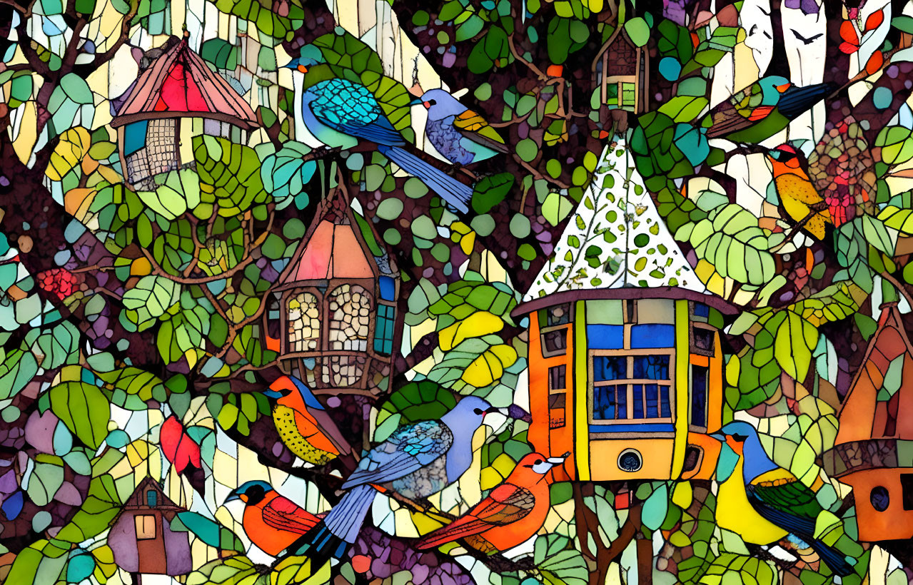 Whimsical birdhouse and bird stained glass illustration.