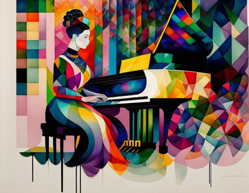 Colorful geometric art: Woman with updo playing grand piano amid abstract patterns