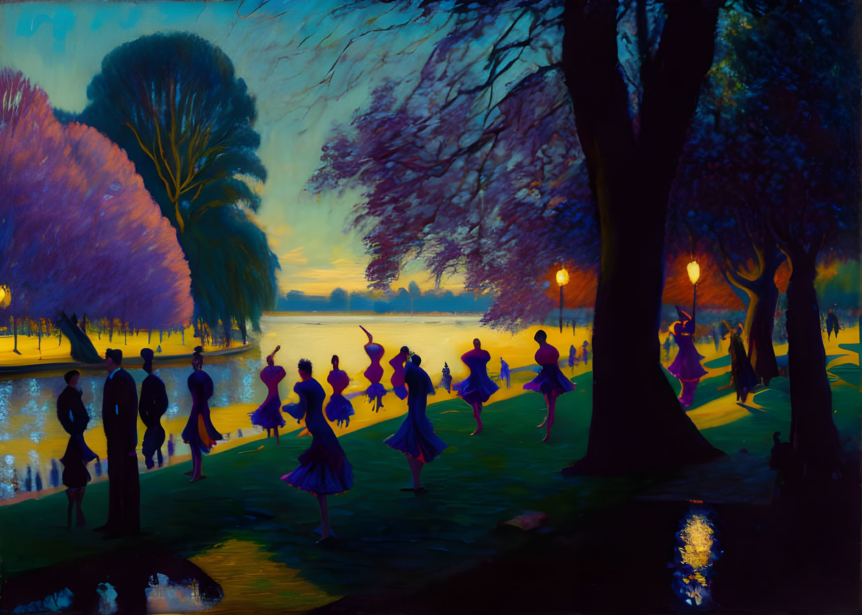 Twilight painting of dancers by lakeside with glowing street lamps