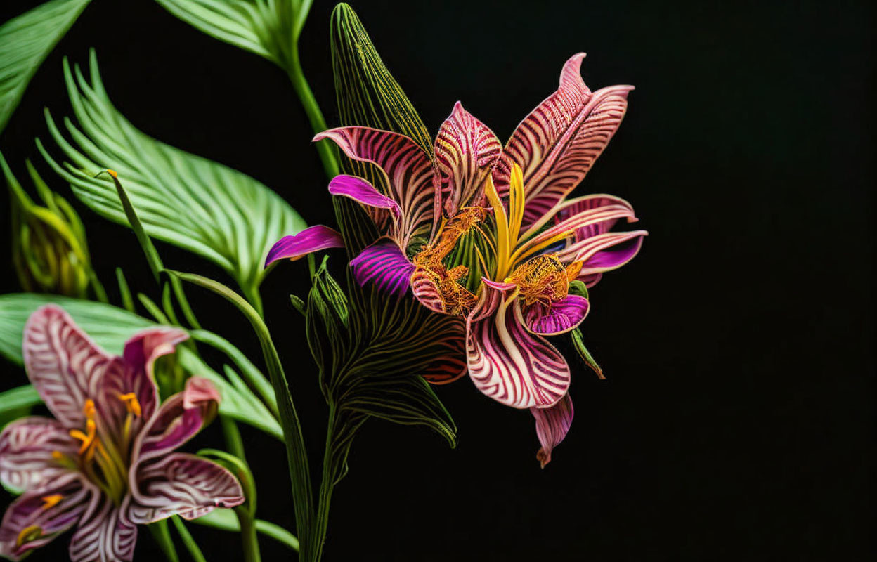 Striped purple and pink lily with intricate stamens on dark backdrop.